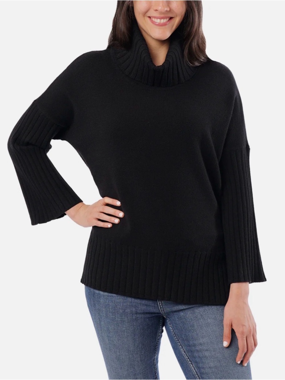 Cyrus Black Ribbed-Cuff Turtleneck Sweater, Soft Stretch, Size M